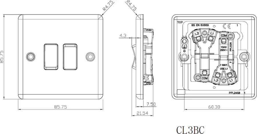 Knightsbridge: CL3BC, Brushed Chrome 10AX 2G 2-Way Switch, Rounded Edge, Screw Terminal, IP20, 304 Stainless Steel