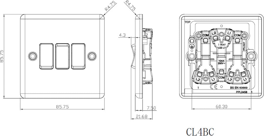 Knightsbridge: CL4BC, 10AX 3G 2-Way Switch, Brushed Chrome, Rounded Edge, EN 60669-1 Certified, 10A