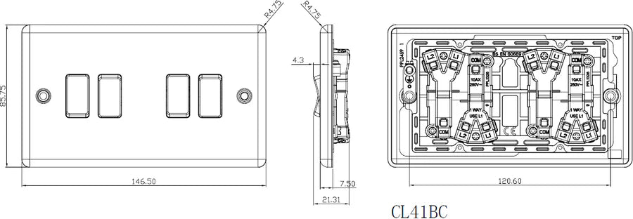 Knightsbridge: CL41BC, 10AX 4G 2-Way Switch, Rounded Edge, Brushed Chrome Finish, 304 Stainless Steel, 230V