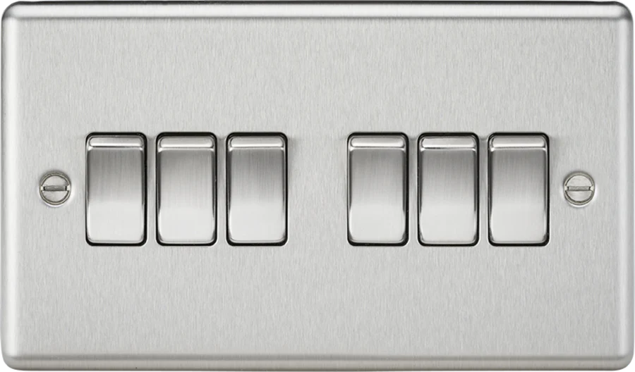 Knightsbridge: CL42BC, 10AX 6-Gang 2-Way Switch, Rounded Edge Design, Brushed Chrome Finish, IP20, 230V, 10A