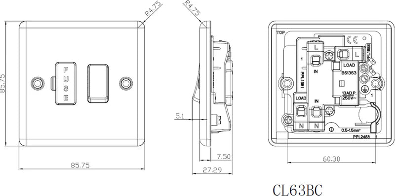 Knightsbridge: CL63MBB, 13A Switched Fused Spur Unit, Double Pole, Matt Black, Rounded Edge Design, BS 1363-4 Certified
