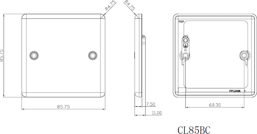 Knightsbridge: CL85BC, 1G Blanking Plate, Rounded Edge, Brushed Chrome Finish, 304 Stainless Steel, 85.75mm x 85.75mm