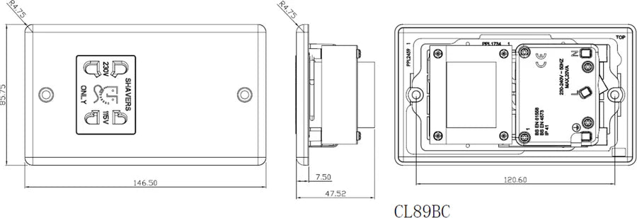 Knightsbridge: CL89MB, Dual Voltage Shaver Socket, 115/230V, IP41, Matt Black, 20VA, 304 Stainless Steel