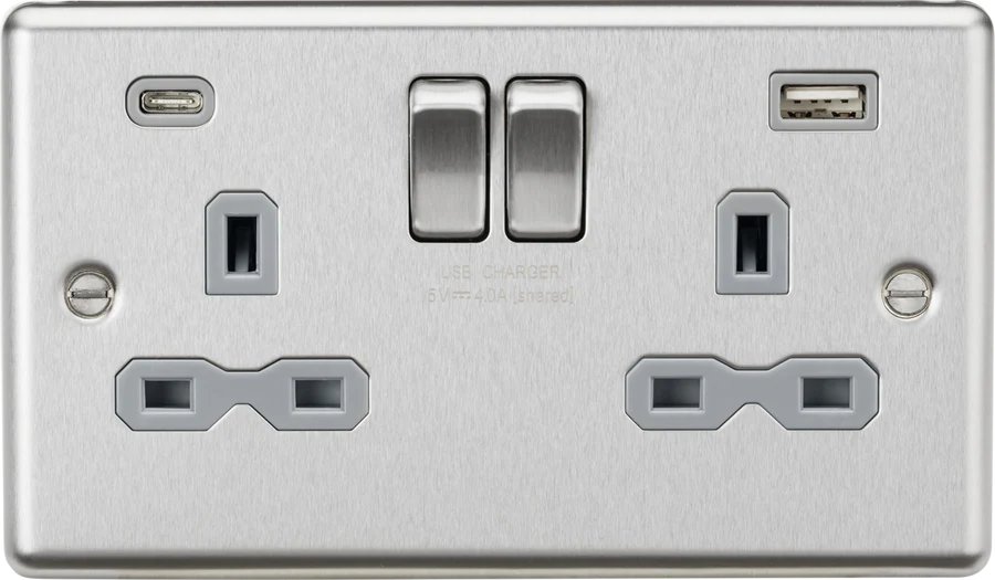 Knightsbridge: CL9940BCG, 13A 2G Switched Socket, Dual USB C+A Charger, Brushed Chrome Finish, IP20, 304 Stainless Steel