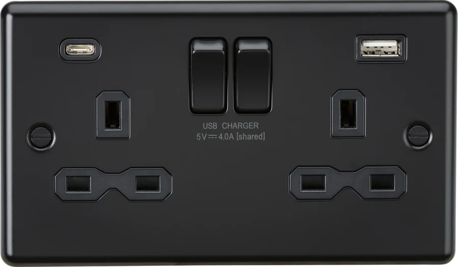 Knightsbridge: CL9940MBB, 13A 2G Switched Socket, Dual USB A+C, Matt Black, Decorative Round Edge