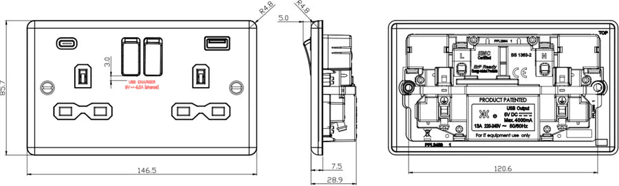 Knightsbridge: CL9940MBB, 13A 2G Switched Socket, Dual USB A+C, Matt Black, Decorative Round Edge