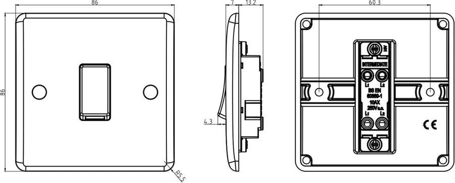 Knightsbridge: CU1200, Curved Edge 10AX Intermediate Switch, Anti-Microbial, White, 230V, EN 60669-1 Certified