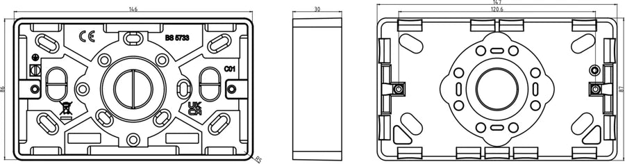 Knightsbridge: CU1500, Double 25mm Pattress Box, Rounded Edges, White Thermoset Resin, IP20, 146mm x 86mm