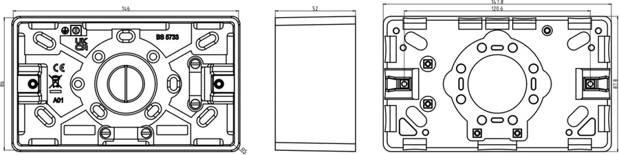Knightsbridge: CU1600, Double 47mm Pattress Box, Earth Terminal, Cable Strain Relief, Curved Edge, White, IP20