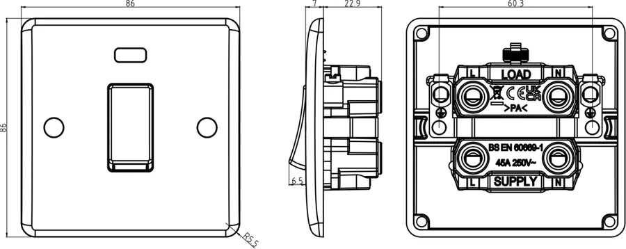Knightsbridge: CU8331N, 45A Double Pole Switch, Neon Indicator, 1 Gang, White, IP20, Thermoset Resin, 230V