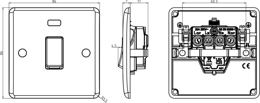Knightsbridge: CU8341N, 20A Double Pole Switch, Neon Indicator, Curved Edge Design, White Thermoset Resin, IP20, 230V