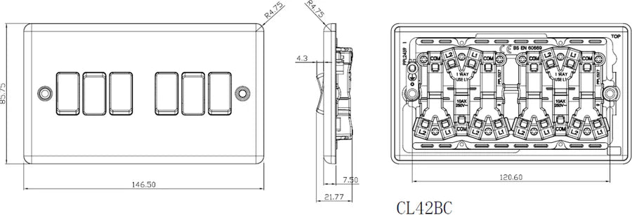 Knightsbridge: CL42BC, 10AX 6-Gang 2-Way Switch, Rounded Edge Design, Brushed Chrome Finish, IP20, 230V, 10A