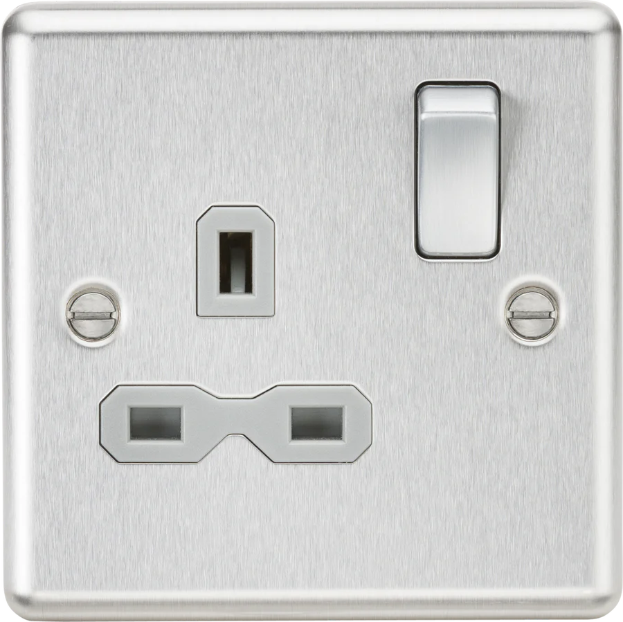 Knightsbridge: CL7BCG, 13A 1G DP Switched Socket, Brushed Chrome, Grey Insert, 230V, Double Pole, 25mm Box Depth