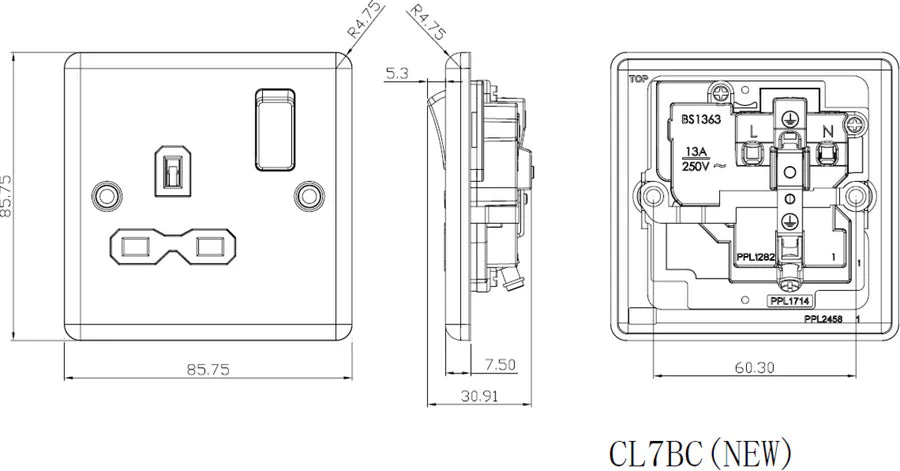 Knightsbridge: CL7BCG, 13A 1G DP Switched Socket, Brushed Chrome, Grey Insert, 230V, Double Pole, 25mm Box Depth