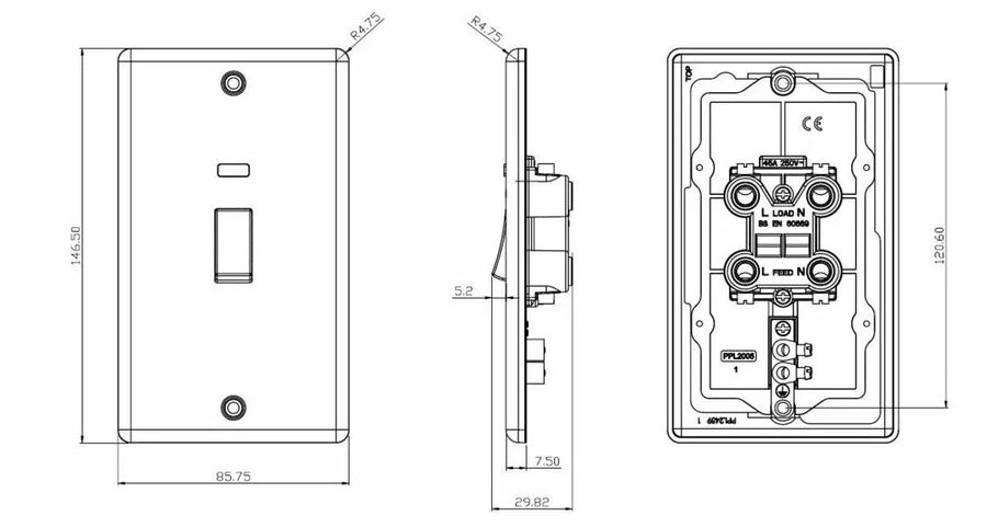 Knightsbridge: CL82MNBC, 45A DP Switch with Neon, Double Pole, Brushed Chrome Finish, Rounded Edges, 230V, IP20