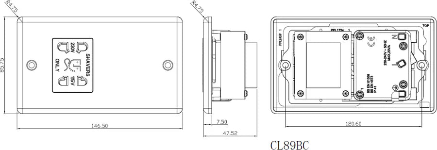 Knightsbridge: CL89BCG, Dual Voltage Shaver Socket, 115/230V, Brushed Chrome, IP41 Rated, 304 Stainless Steel, 20VA