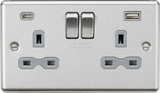 Knightsbridge: CL9940BCG, 13A 2G Switched Socket, Dual USB C+A Charger, Brushed Chrome Finish, IP20, 304 Stainless Steel