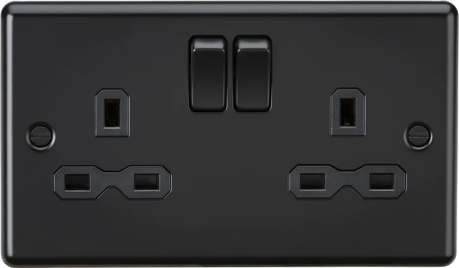 Knightsbridge: CL9MBB, 13A Double Pole Switched Socket, 2 Gang, Matt Black, Rounded Edges, 230V, BS 1363:2 Certified