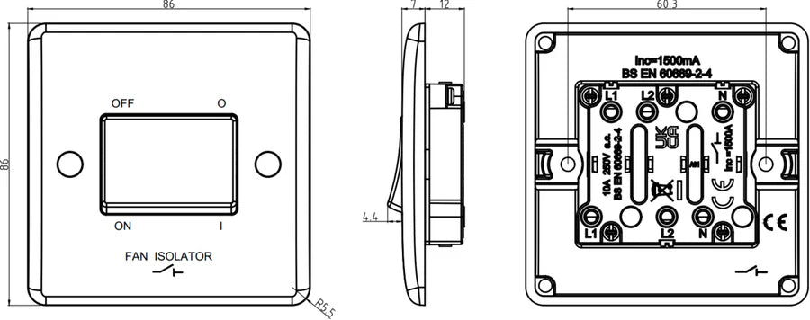 Knightsbridge: CU1100, 10A Fan Isolator Switch, Triple Pole, IP20, White, Curved Edge Design