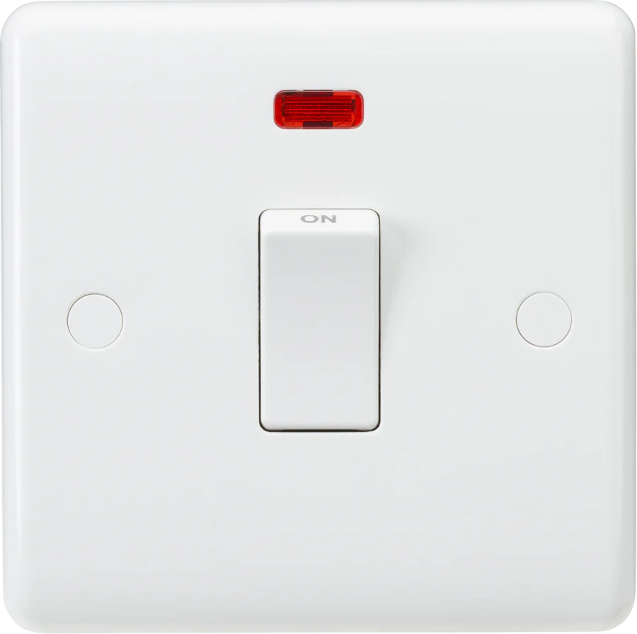 Knightsbridge: CU8341N, 20A Double Pole Switch, Neon Indicator, Curved Edge Design, White Thermoset Resin, IP20, 230V